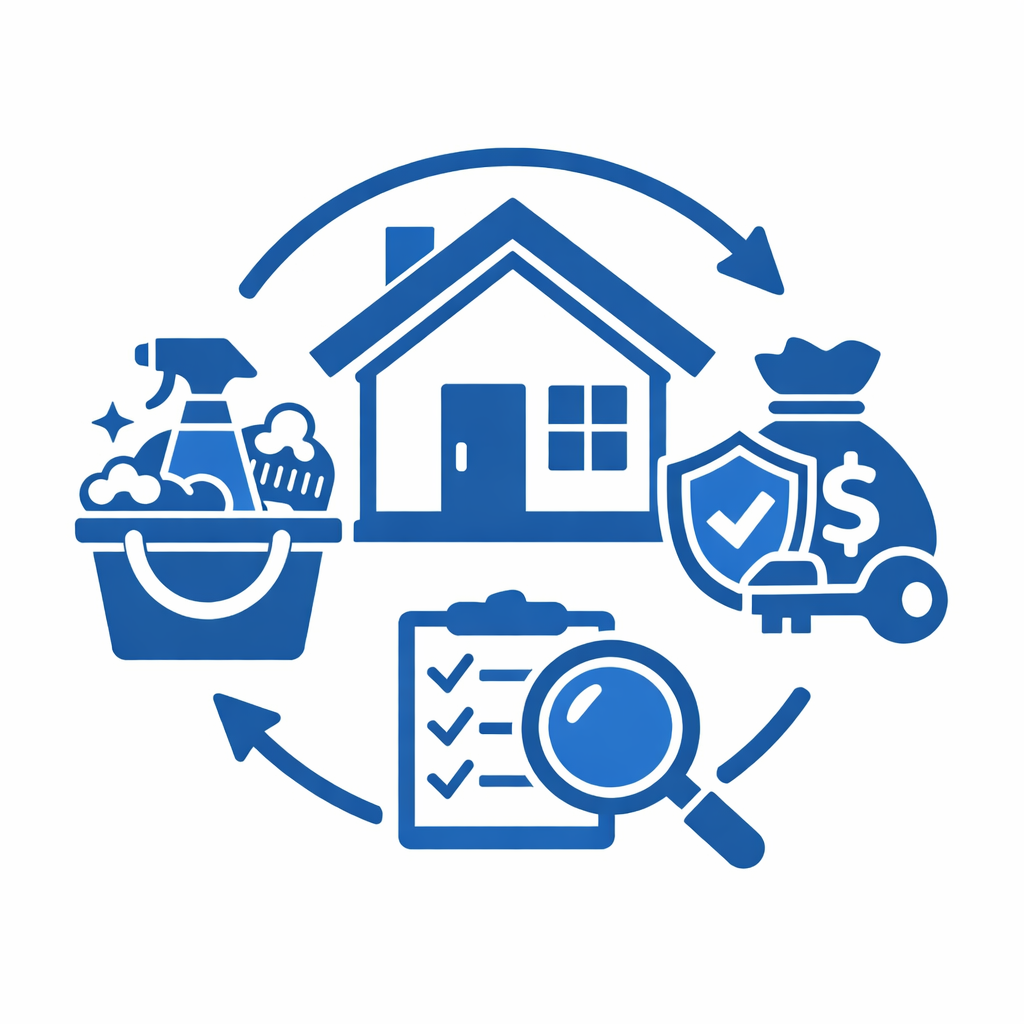 Property turnover process cleaning security deposit inspection icon no text real estate theme shades of blue and whiteFlat vector icon exact size 1024-1