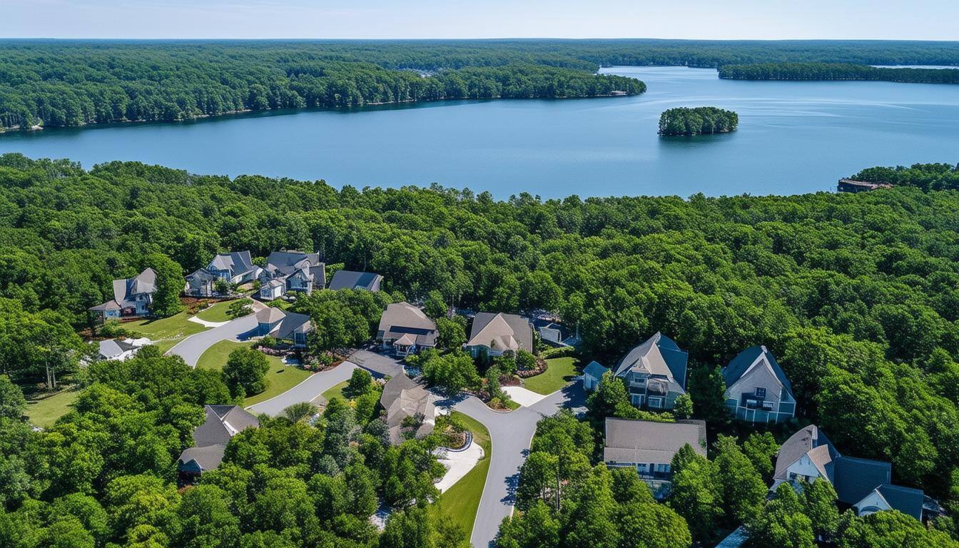 lake norman with houses aerial photo